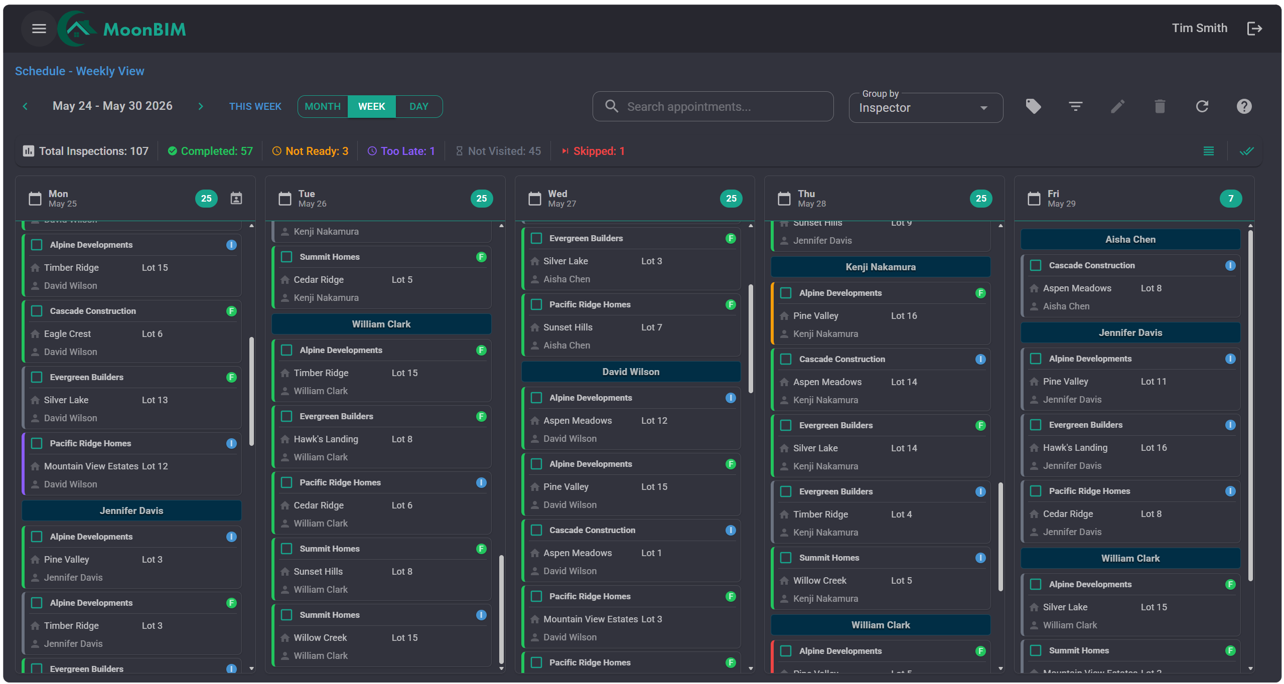 MoonBIM scheduling view with drag-and-drop inspection calendar